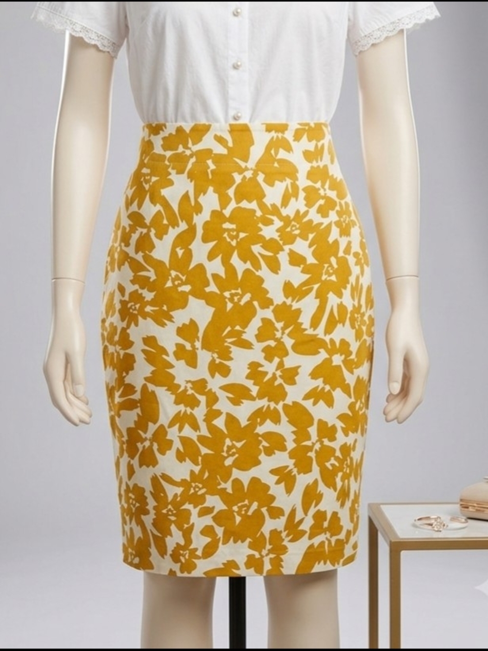 LOFT Mustard Floral Pencil Skirt